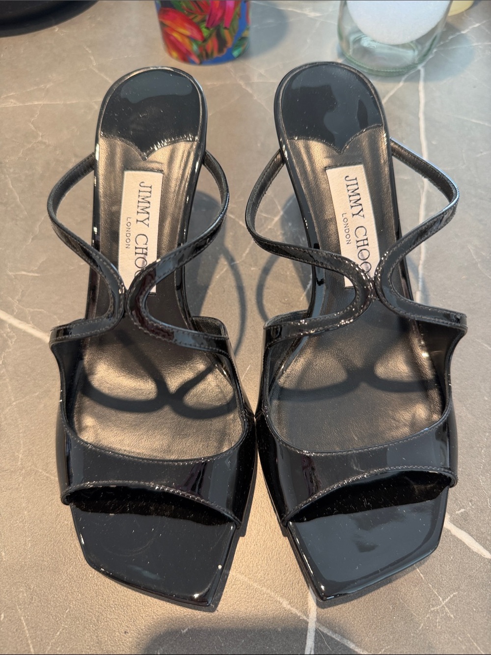 Jimmy Choo Black Patent Strappy Square Toe Heels WORN ONCE